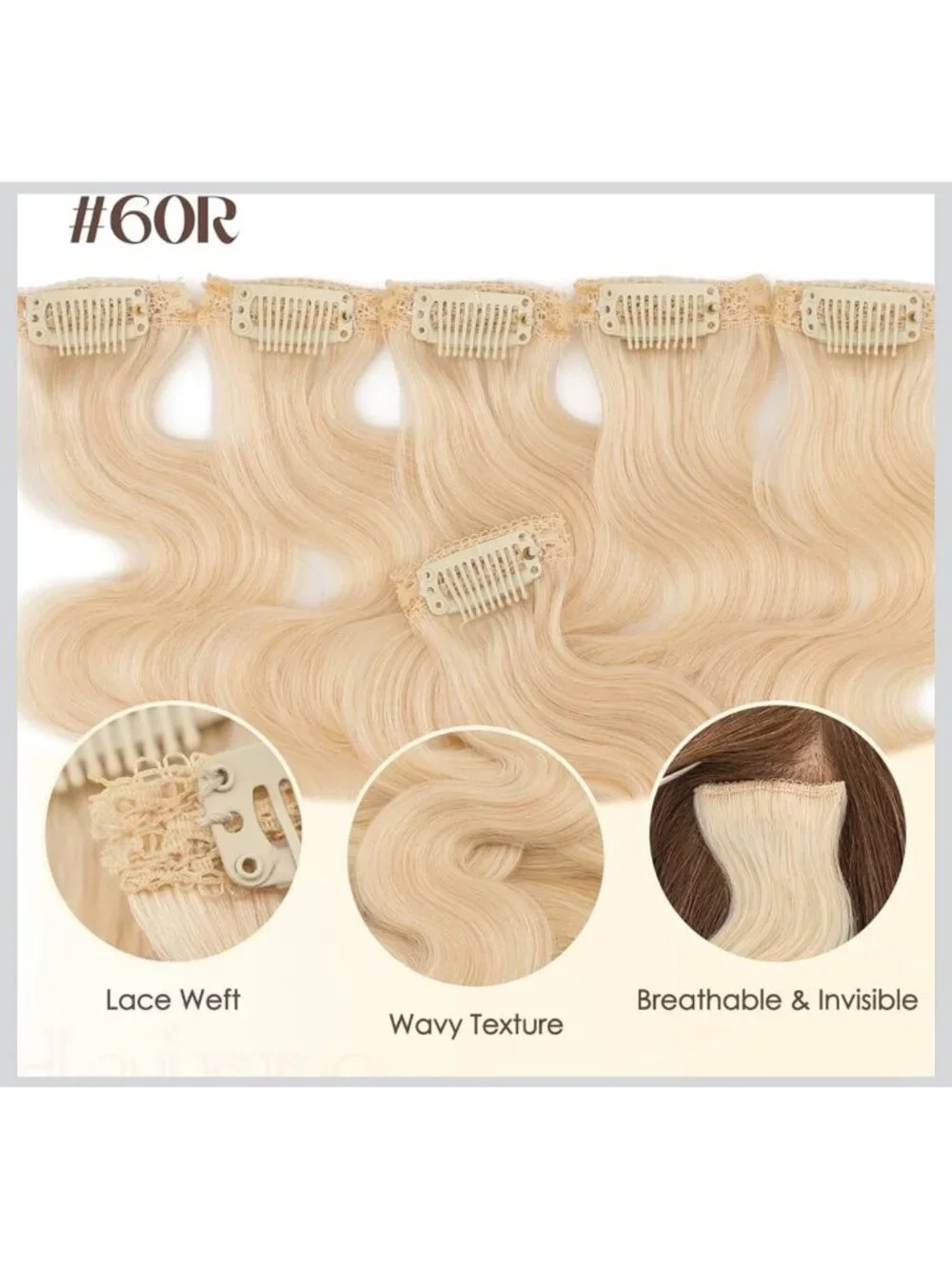 6pcs Hairro Platinum Blonde Clip-In Hair Extensions Wavy Texture Lace Weft Stron